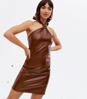 Pink Vanilla Dark Brown Leather-Look Halter Mini Dress